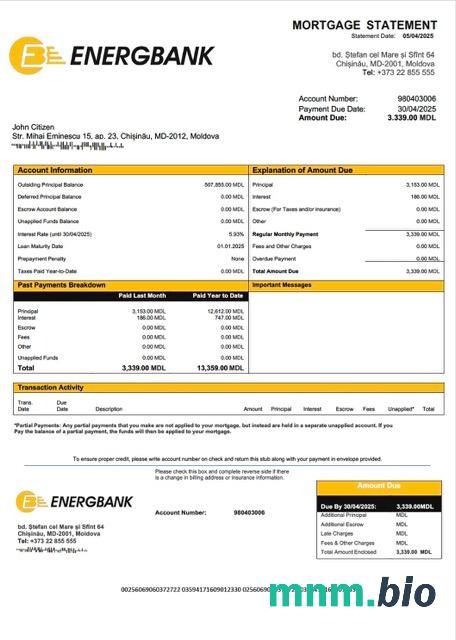 Mołdawia Energbank wyciąg z kredytu hipotecznego szablon Word i PDF
